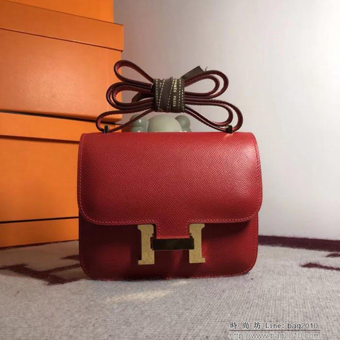 HERMES愛馬仕 空姐包 constance 國旗紅 EPSOM 18cm 金扣 蠟線縫製 單肩斜挎包  Ama1499